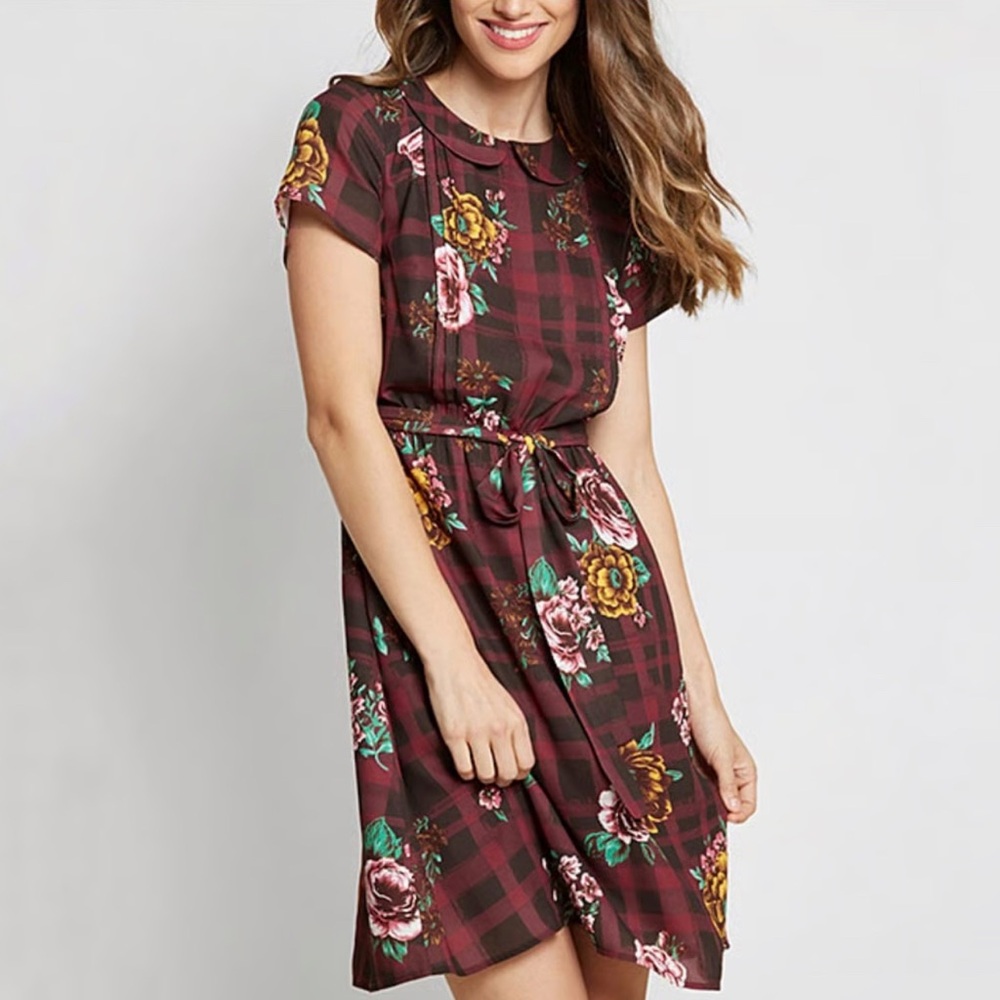 Modcloth Floral Plaid Peter Pan Collar Dress Academia Retro Size Large L16